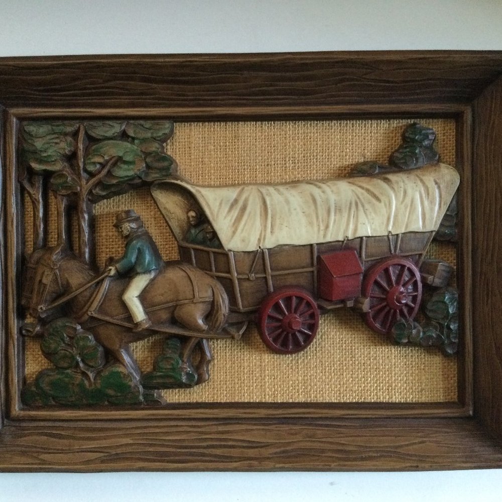 Vintage 3D Faux Wood Carved Horse Buggy Wall Hanging Retro Décor